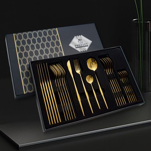 Factory direct sales 410 stainless steel knife, fork and spoon fine teeth cutlery 24-piece set gold