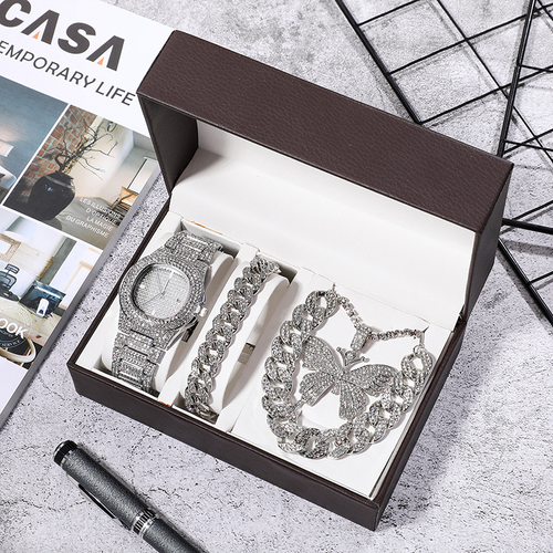 Iced-Out Bling Jewelry Set 3PCS - Butterfly Necklace Watch Bracelet Hip Hop Accessories