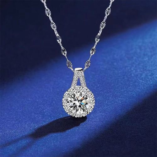 Halo CZ Diamond Pendant Necklace for Women - Sterling Silver Sparkling Solitaire Necklace with Detailed Chain