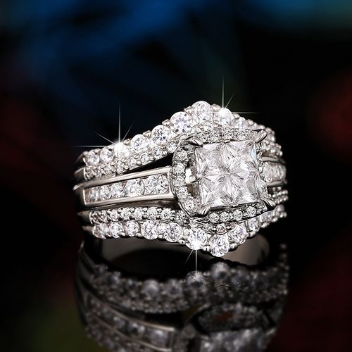 Princess Cut Halo CZ Diamond Wedding Ring Set - 3-Piece Sterling Silver Bridal Engagement Band for Women