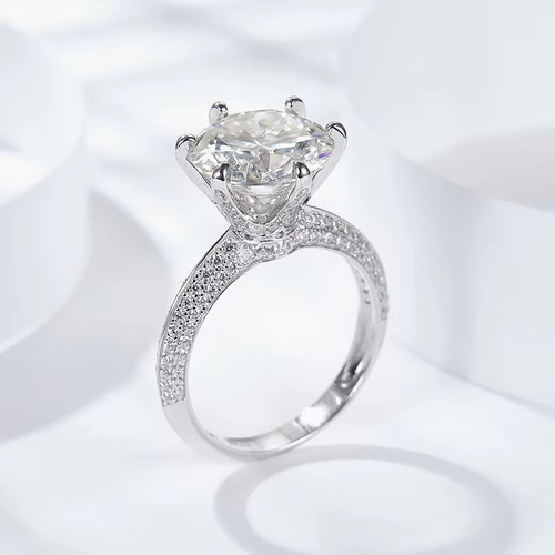 Platinum-Plated Paved Moissanite Engagement Ring, 6-Prong Solitaire Diamond Ring for Women