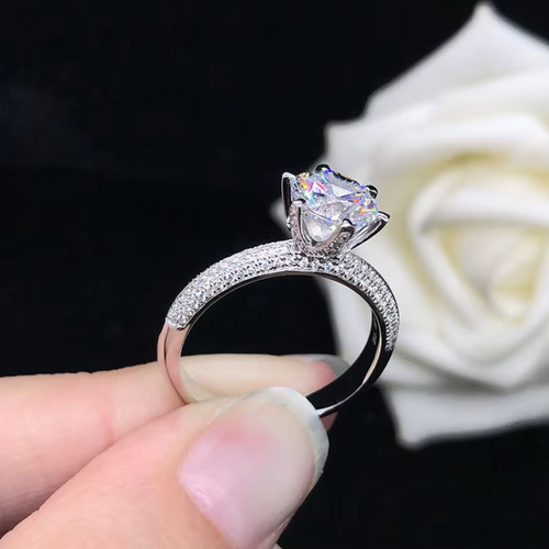 Platinum-Plated Paved Moissanite Engagement Ring, 6-Prong Solitaire Diamond Ring for Women