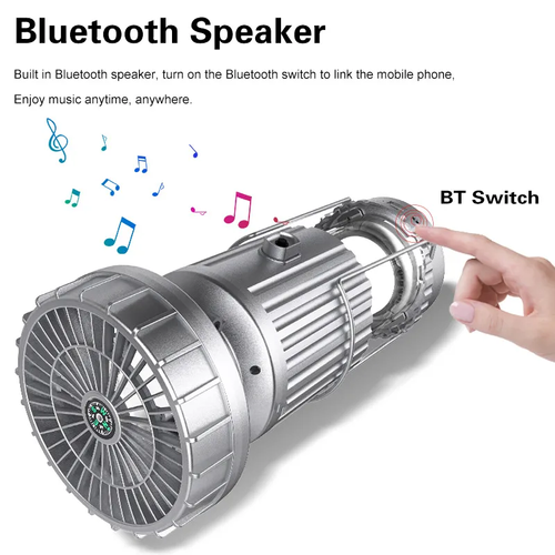 5-in-1 Solar Fan Lamp - Portable Camping Lantern Bluetooth Speaker Compass Power Bank Outdoor Multi-Tool