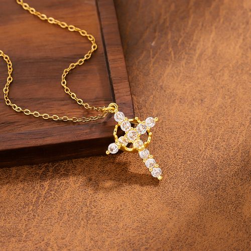 CZ Diamond Openwork Cross Necklace - Gold/Silver/Rose Gold Faith Pendant Jewelry with Link Chain