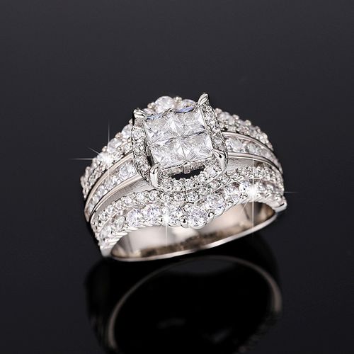 Princess Cut Halo CZ Diamond Wedding Ring Set - 3-Piece Sterling Silver Bridal Engagement Band for Women