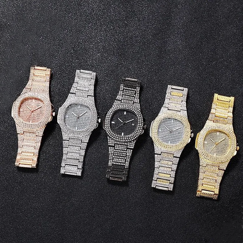 Iced Out Full CZ Diamond Wristwatch Set - 5-Tone Bling Hip Hop Luxury Watches with Crystal-Encrusted Band