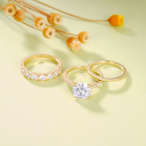 Gold Zircon Ring Set of 3 | Stackable Engagement Wedding Band | Luxury Cubic Zirconia Ring