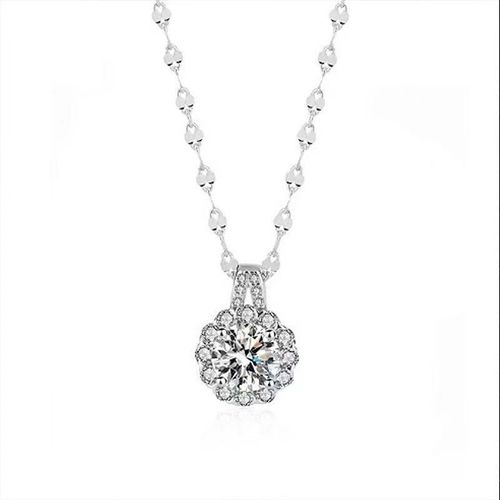 Halo CZ Diamond Pendant Necklace for Women - Sterling Silver Sparkling Solitaire Necklace with Detailed Chain