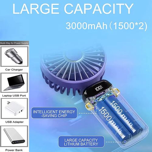 ICE Wind 3-in-1 Portable Fan - Handheld/Desktop/Halter Rechargeable Fan 5-Speed Cooling LED Display