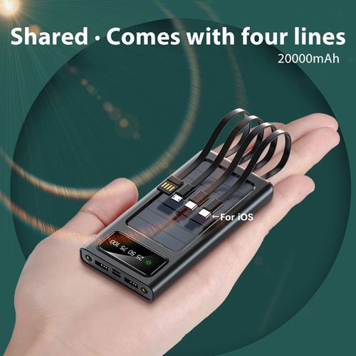 Solar-Powered Power Bank with Built-in Cables - 3-in-1 Rechargeable Portable Charger Digital Battery Display