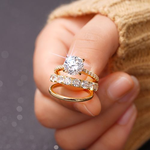 Gold Zircon Ring Set of 3 | Stackable Engagement Wedding Band | Luxury Cubic Zirconia Ring