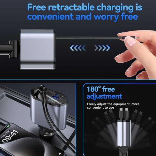 4-Port Car Charger with Built-in Cables - Fast Charging Digital Voltage Display Type-C/Lightning Compatibility