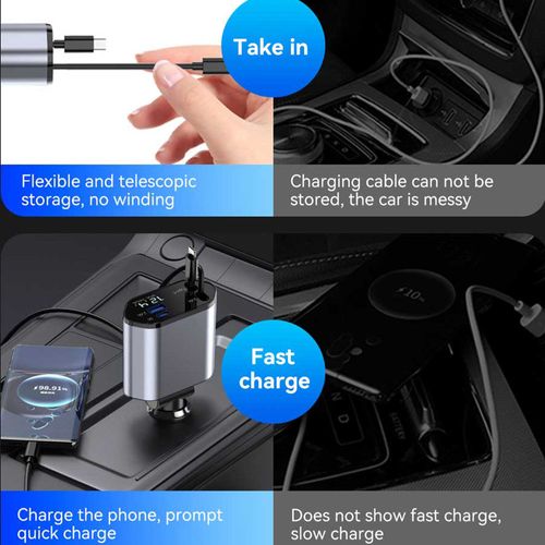4-Port Car Charger with Built-in Cables - Fast Charging Digital Voltage Display Type-C/Lightning Compatibility