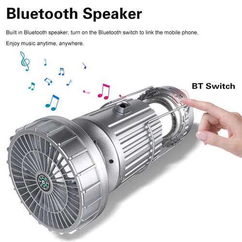 5-in-1 Solar Fan Lamp - Portable Camping Lantern Bluetooth Speaker Compass Power Bank Outdoor Multi-Tool