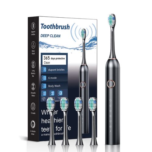 Electric Toothbrush 6 Modes - Dupont Bristles IPX7 Waterproof Long Battery Life 4 Replacement Heads