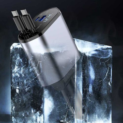 4-Port Car Charger with Built-in Cables - Fast Charging Digital Voltage Display Type-C/Lightning Compatibility