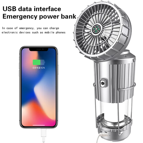 5-in-1 Solar Fan Lamp - Portable Camping Lantern Bluetooth Speaker Compass Power Bank Outdoor Multi-Tool