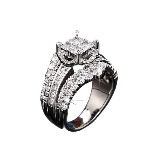 Princess Cut Halo CZ Diamond Wedding Ring Set - 3-Piece Sterling Silver Bridal Engagement Band for Women