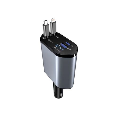 4-Port Car Charger with Built-in Cables - Fast Charging Digital Voltage Display Type-C/Lightning Compatibility