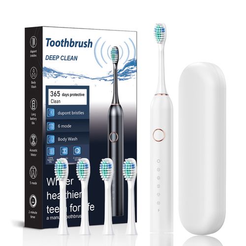 Electric Toothbrush 6 Modes - Dupont Bristles IPX7 Waterproof Long Battery Life 4 Replacement Heads