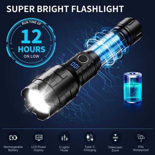 K Kasonic Rechargeable LED Flashlight, USB Portable Flashlight with Zoom, 3000mAh Emergency Flashlight, Camping Flashlight Ideal for Hiking and Dog Walking Energy Class A+++