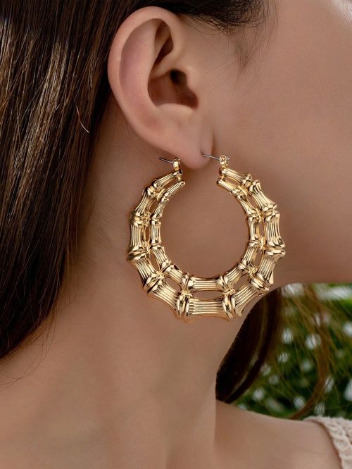 Casting Triangle Bamboo Hoop Earrings for Women Super Large Hollow Gold Silver Plated 80s 90s Oversized Geometric Statement Earrings Costume Jewelry Punk Hip Hop Rapper Style
