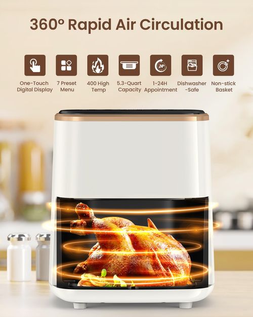 Air Fryer, Large 7-Quart Capacity, Nonstick Made without PFAS, Touchscreen Display, 8-in-1 (Air Fry, Roast, Broil, Bake, Reheat, Keep Warm, Pizza, Dehydrate), Dishwasher Safe, White