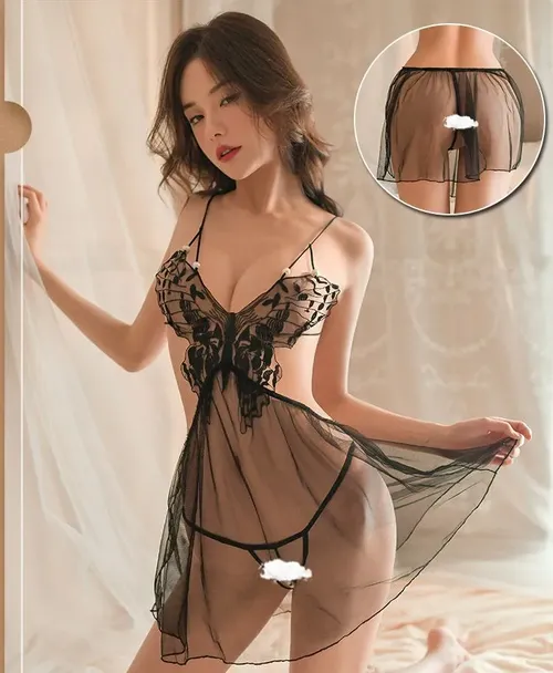 Lingerie set: Butterfly Embroidered Mesh Babydoll + Thong