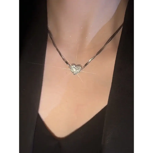 Heart-shaped pendant necklace, silver stainless steel, dull and shiny, diamond, magnetic