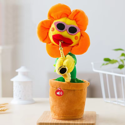 An electric sunflower that dances while playing the saxophone