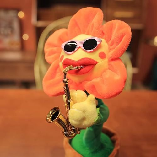 An electric sunflower that dances while playing the saxophone
