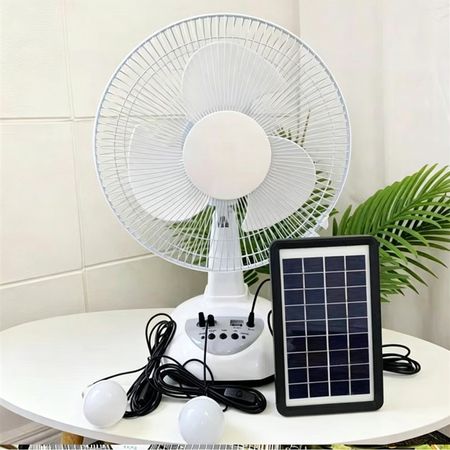 Solar powered white 3-speed adjustable speed solar electric fan with USB output voltage, illuminated charging station, lighting