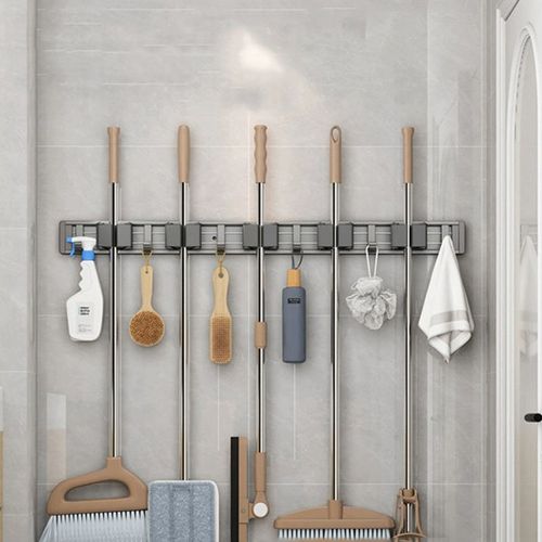 Single-Tier Stainless Steel Mop Holder Punch-Free Modern Multifunctional Convenient Storage Mops Brooms Brushes Bathroom Kitchen