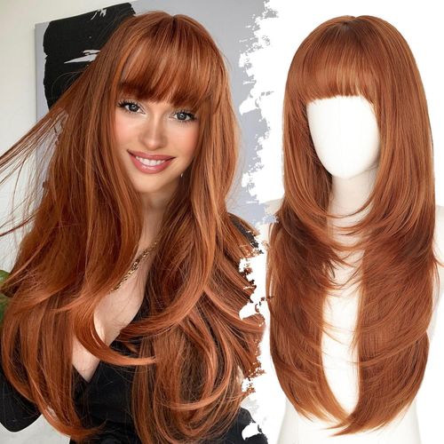 Wig women's bangs wig layered long straight hair 4*4 scalp synthetic fiber headgear wig