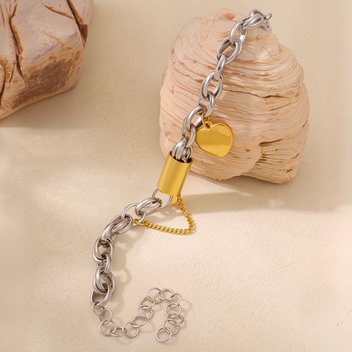 Golden Silvery Mixed Color 1pc Punk Chunky Thick Chain Stainless Steel Bracelet with Fashion Love Heart Pendant, Wrist Jewelry for Women and Men, Perfect for Parties and Street Style Gifts