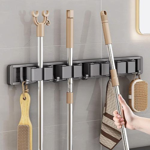 Single-Tier Stainless Steel Mop Holder Punch-Free Modern Multifunctional Convenient Storage Mops Brooms Brushes Bathroom Kitchen