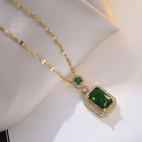 Stainless Steel Chain Emerald Zircon Necklace Set with Rhinestone Earrings and Necklace, Women's Jewelry Set