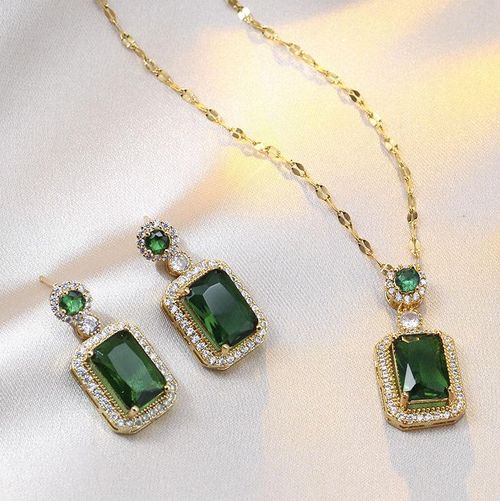 Stainless Steel Chain Emerald Zircon Necklace Set with Rhinestone Earrings and Necklace, Women's Jewelry Set