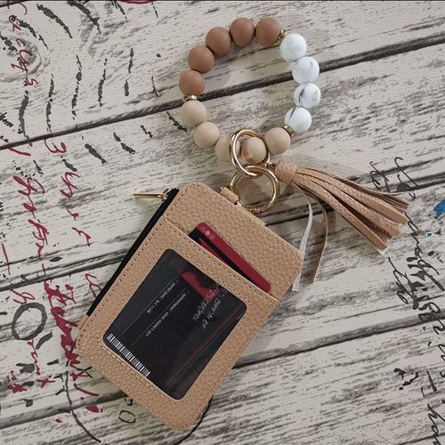 Khaki card holder PU leather wallet women's keychain wooden silicone bead bracelet zipper bag wallet keychain
