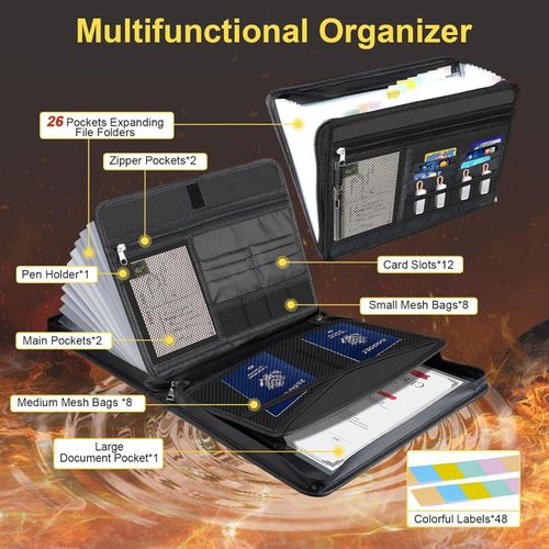 Fireproof and waterproof foldable accordion file folder with label, fireproof document bag