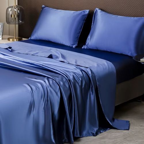 Queen Size Bed Sheets Simulated Silk Sateen Sheet and Pillowcase 4 Piece Solid Sheets Bedding Set