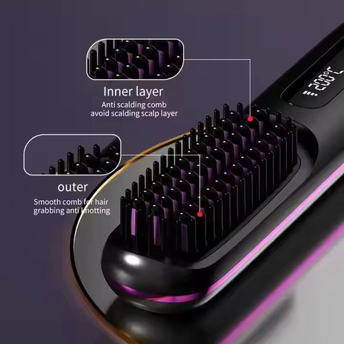 USB Charging Ceramic Heating Electric Comb Flat Hair Straightener Wireless Portable Hair Straightening Comb Brush