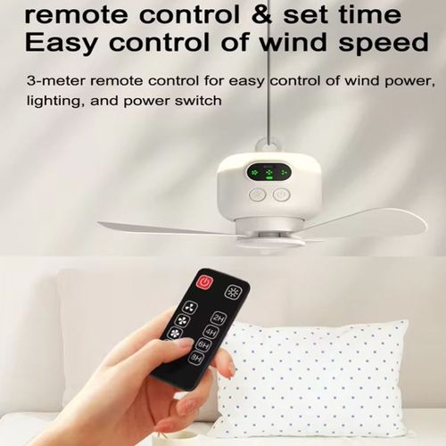 Mini Ceiling Fan Portable Camping Fan With Light & Remote Built in 8000mAh Battery(White)