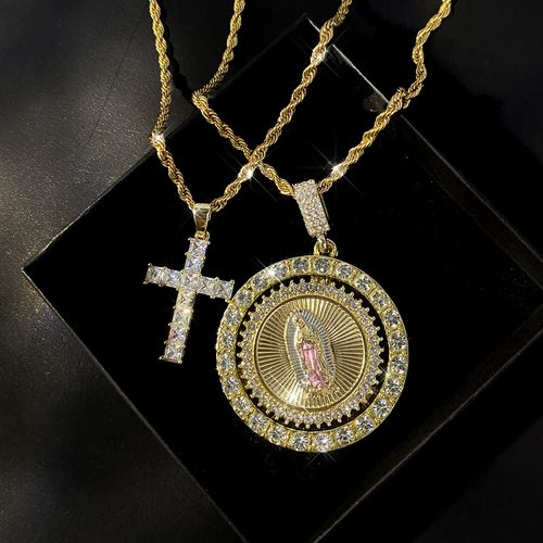 Hip-hop style alloy full diamond Saint Jude cross pendant necklace