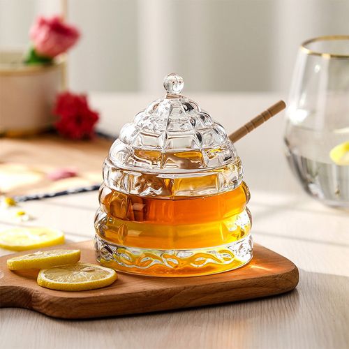 Glass Honey Jar with Lid & Wood Dippers Honey Pot Storage Container