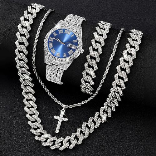 Full Iced Out Watches Men Wrist Luxury Watch Set Cuban Link Chain Bracelet Set Bling Jewelry Sets for Men Hip Hop Watch for Men