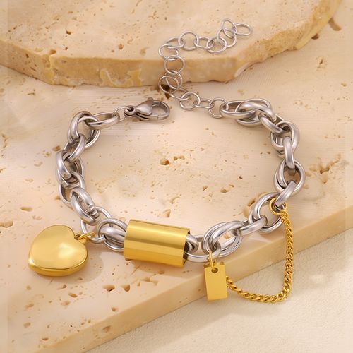 Golden Silvery Mixed Color 1pc Punk Chunky Thick Chain Stainless Steel Bracelet with Fashion Love Heart Pendant, Wrist Jewelry for Women and Men, Perfect for Parties and Street Style Gifts