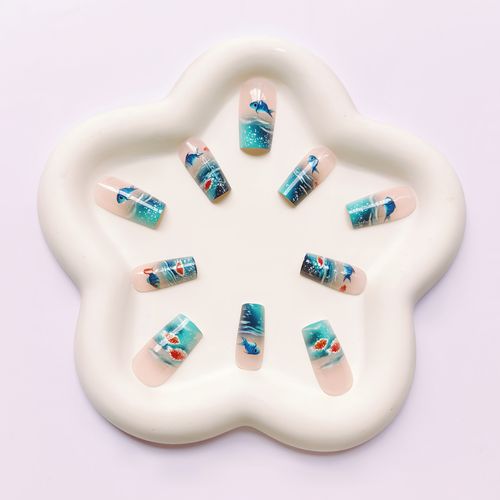 24pcs Fingers Square Wearable Nails Blue Ocean Fish Smudged French Manicure Jewelry Findings Components