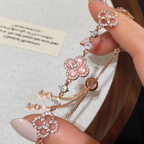 2025 Four Clover Shinny Crystal Bracelet Gold Plated Copper Bangle with Pink Zircon Trendy Lucky Bracelet for Anniversary Gift