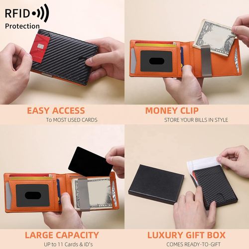Fashion ultra-thin double folding men's wallet, Carbon fiber pattern credit card holder, RFID blocking pocket Money Clip wallet